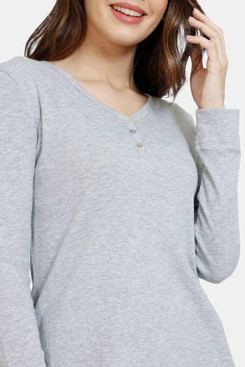 Buy Marks & Spencer Cotton Ribbed Henley Top - Grey Marl at Rs.585